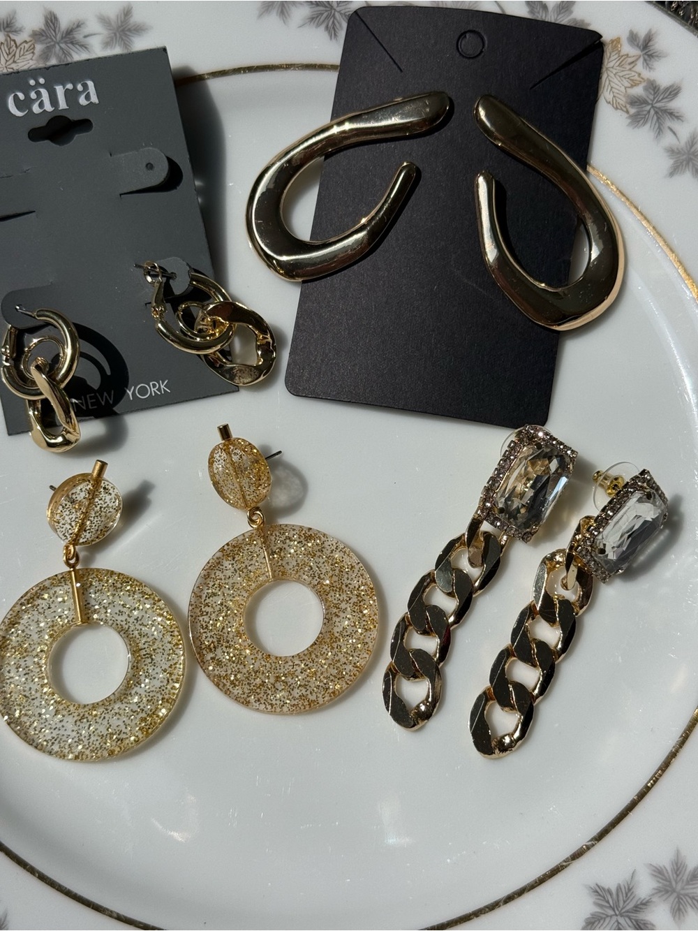 4 Pair Gold Statement Earring Bundle Cara Chain Rhinestone Resin Hoop NWOT